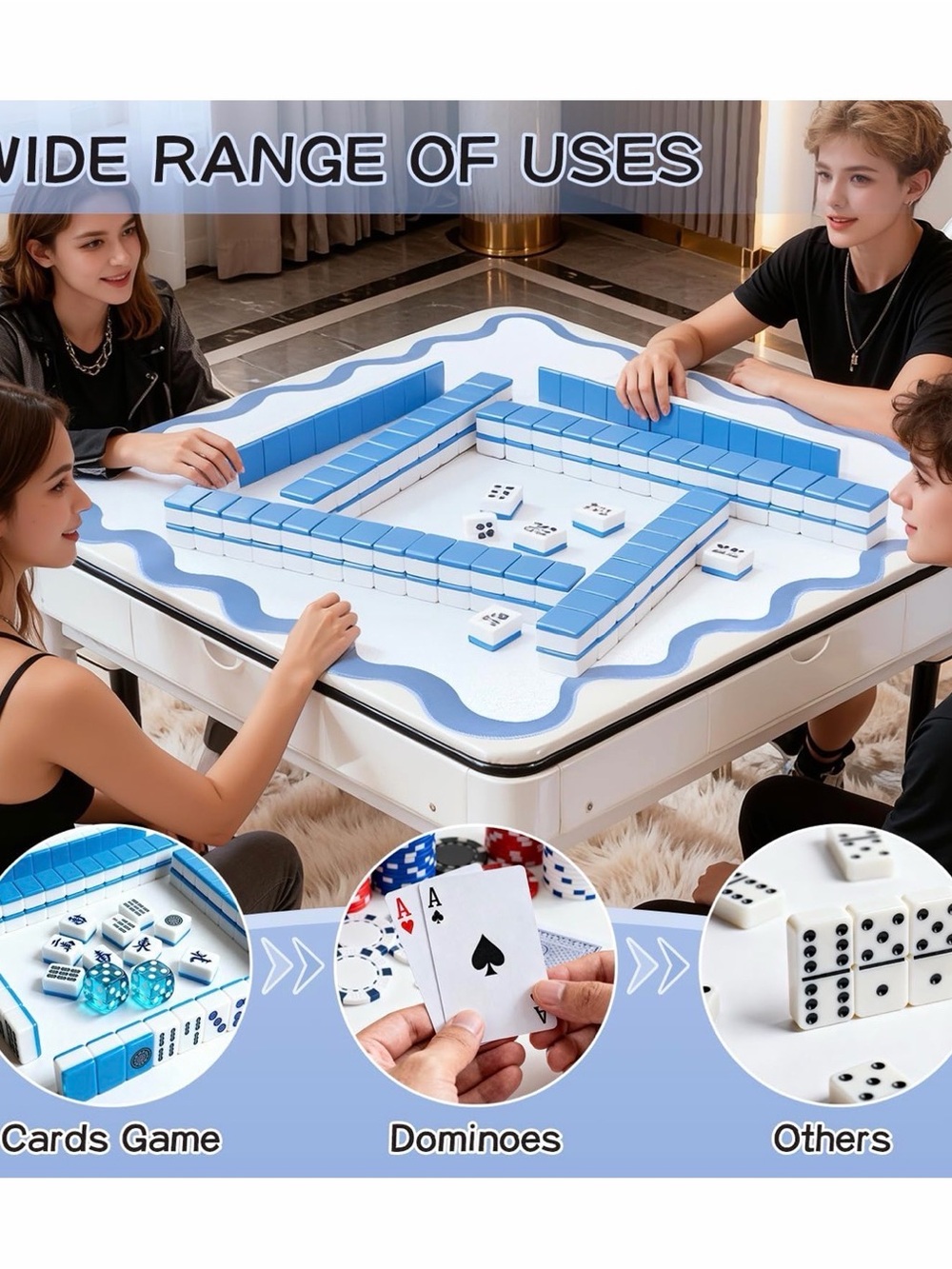 32.4in Scalloped Mahjong Mat, Anti-Slip Mahjong Table Mat, blue, w/cards &dice - Picture 4 of 7